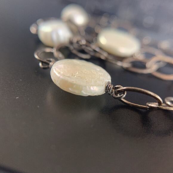 Multi-Strand Pearl Necklace on Oxidized Silver Chain, Boho Style, 13.5" - 16.5" - Picture 8 of 9